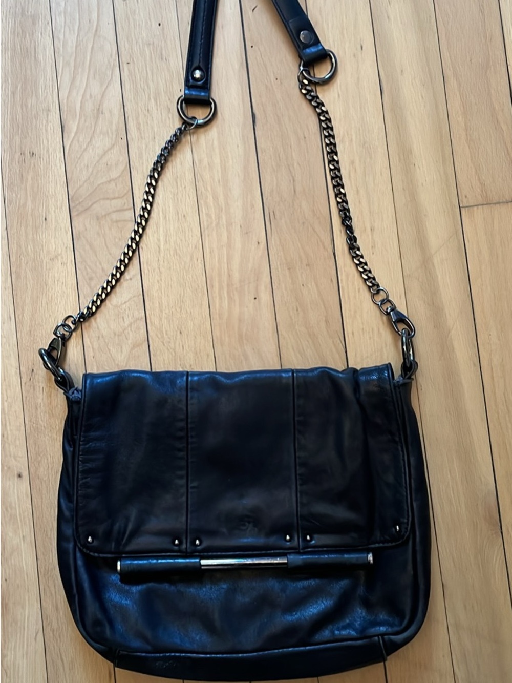Black Leather Shoulder Bag with Chain Strap